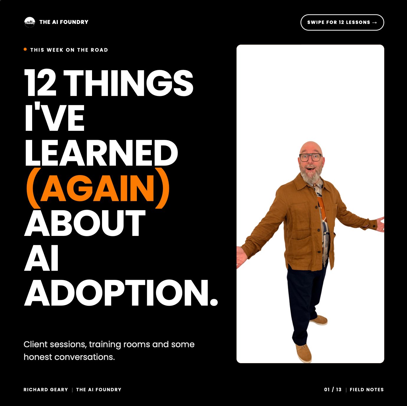 12 Things I've Learned Again About AI Adoption, a field notes carousel from The AI Foundry